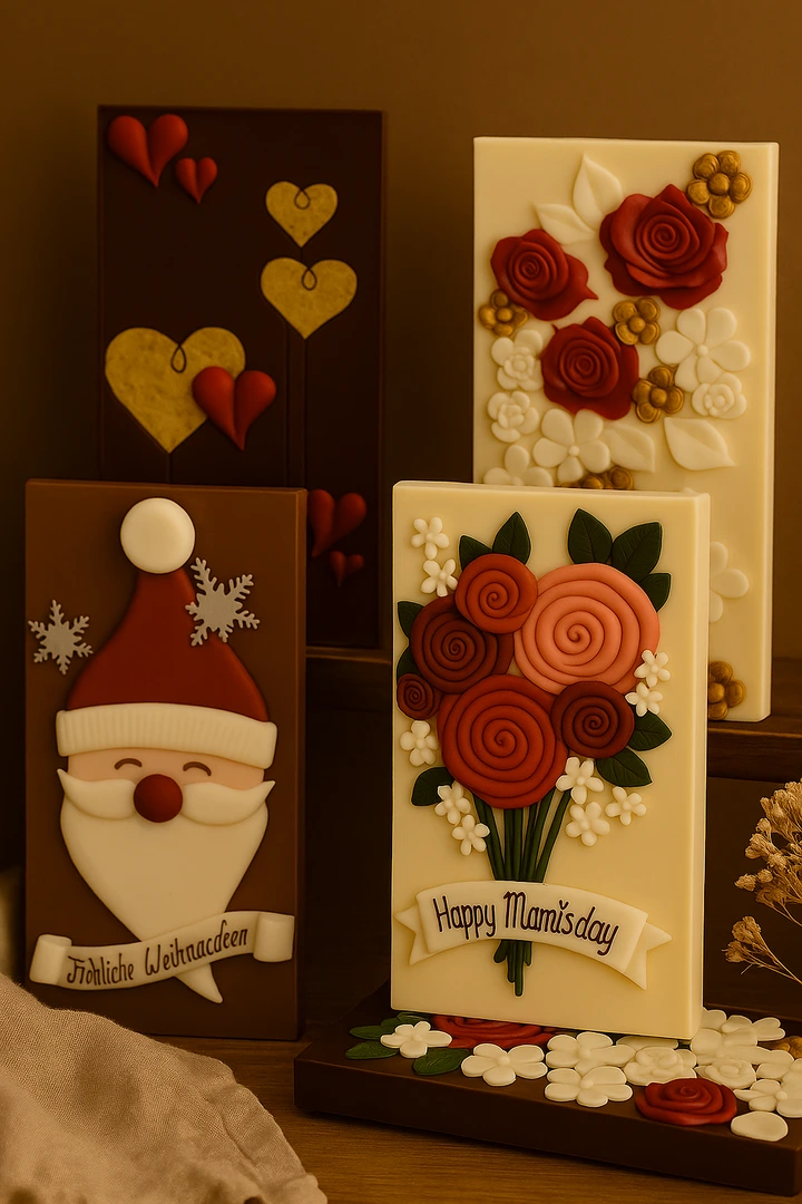 Handgefertigte Schokoladen-Postkarten - Süessi Grüessli - 2 Handgefertigte Schokoladen-Postkarten - Süessi Grüessli - 2