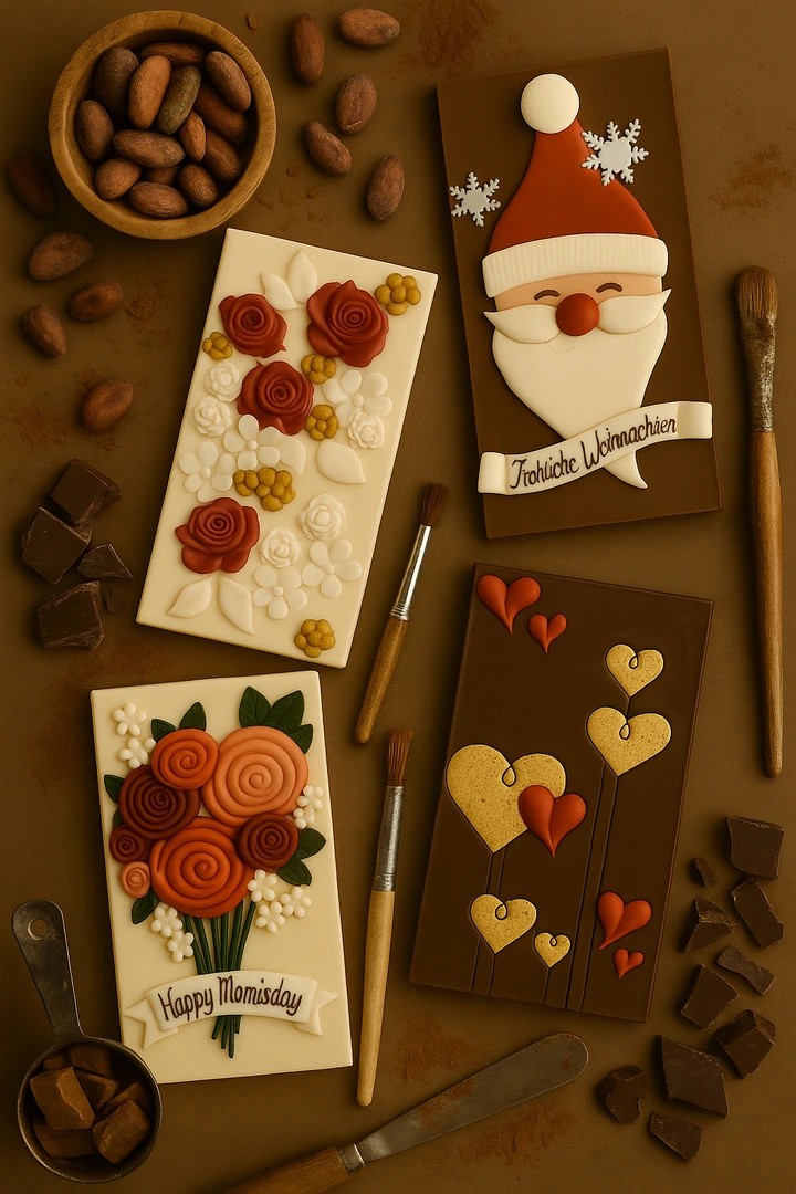 Handgefertigte Schokoladen-Postkarten - Süessi Grüessli - 4 Handgefertigte Schokoladen-Postkarten - Süessi Grüessli - 4