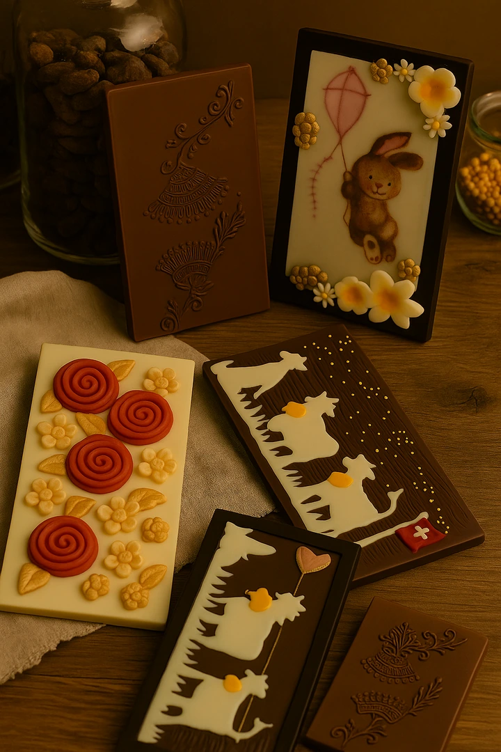 Handgefertigte Schokoladen-Postkarten - Süessi Grüessli - 4 Handgefertigte Schokoladen-Postkarten - Süessi Grüessli - 4