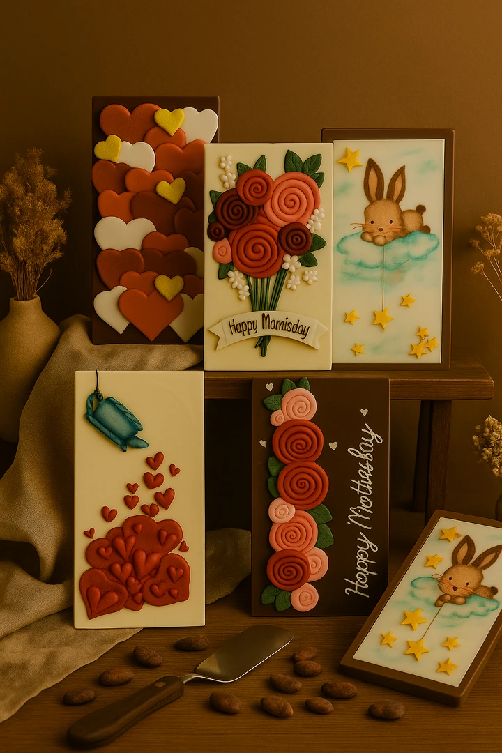 Handgefertigte Schokoladen-Postkarten - Süessi Grüessli - 3 Handgefertigte Schokoladen-Postkarten - Süessi Grüessli - 3